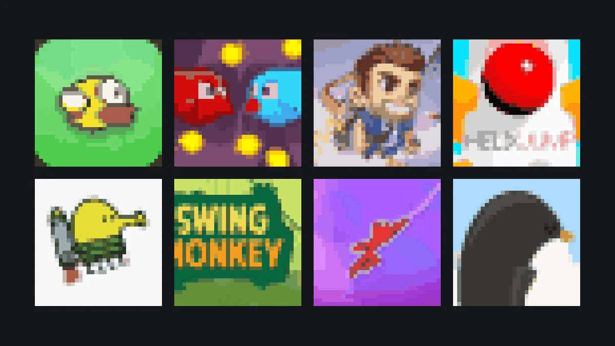Pixel-art grid of Flappy Bird and other games you can play on flappybird.ee